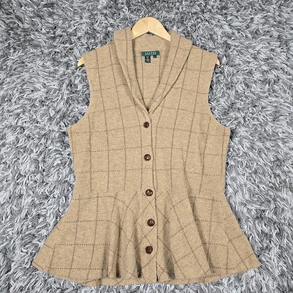 Lauren Ralph Lauren Sweaters - Lauren Ralph Lauren Sweater Vest Womens XL Tan Lambswool Peplum Button Up